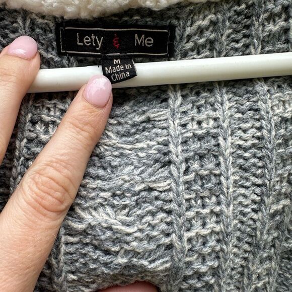 Gray and Cream Cable Knit Cardigan Sweater Hoodie - Picture 3 of 6